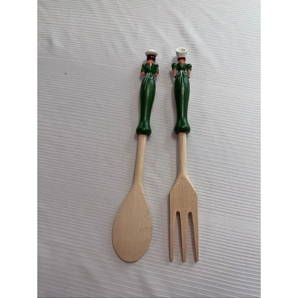 Vintage Hungarian Lady and Man Wood Salad Serving Fork and Spoon